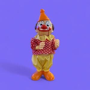 VTG JSNY Colorful Plastic Mechanical Clown Coin Bank 11"  Tested Belly Buster